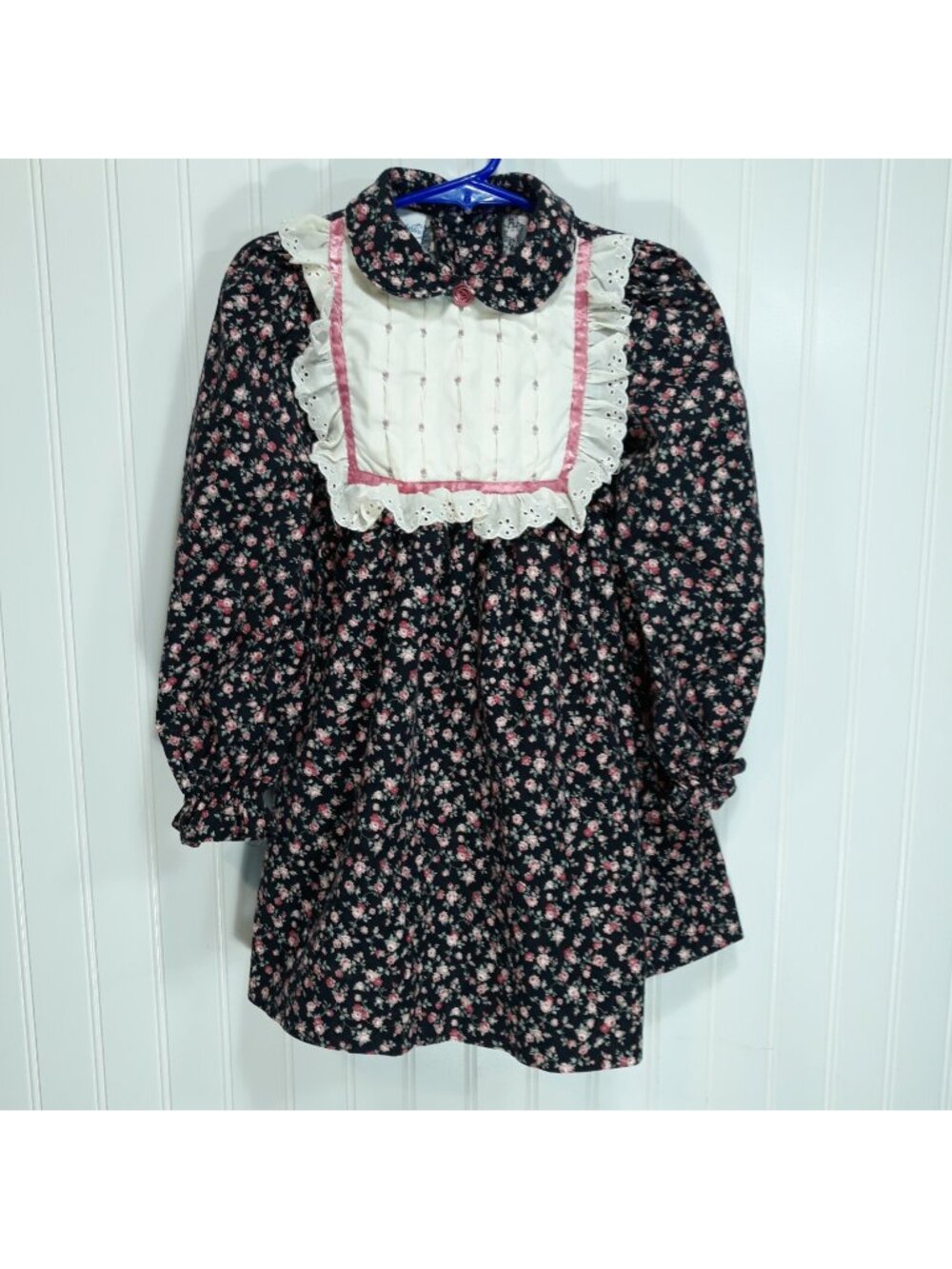Vintage Polly Flinders Dress Size 5 Black Rose Print Long Sleeve Hand Smocked